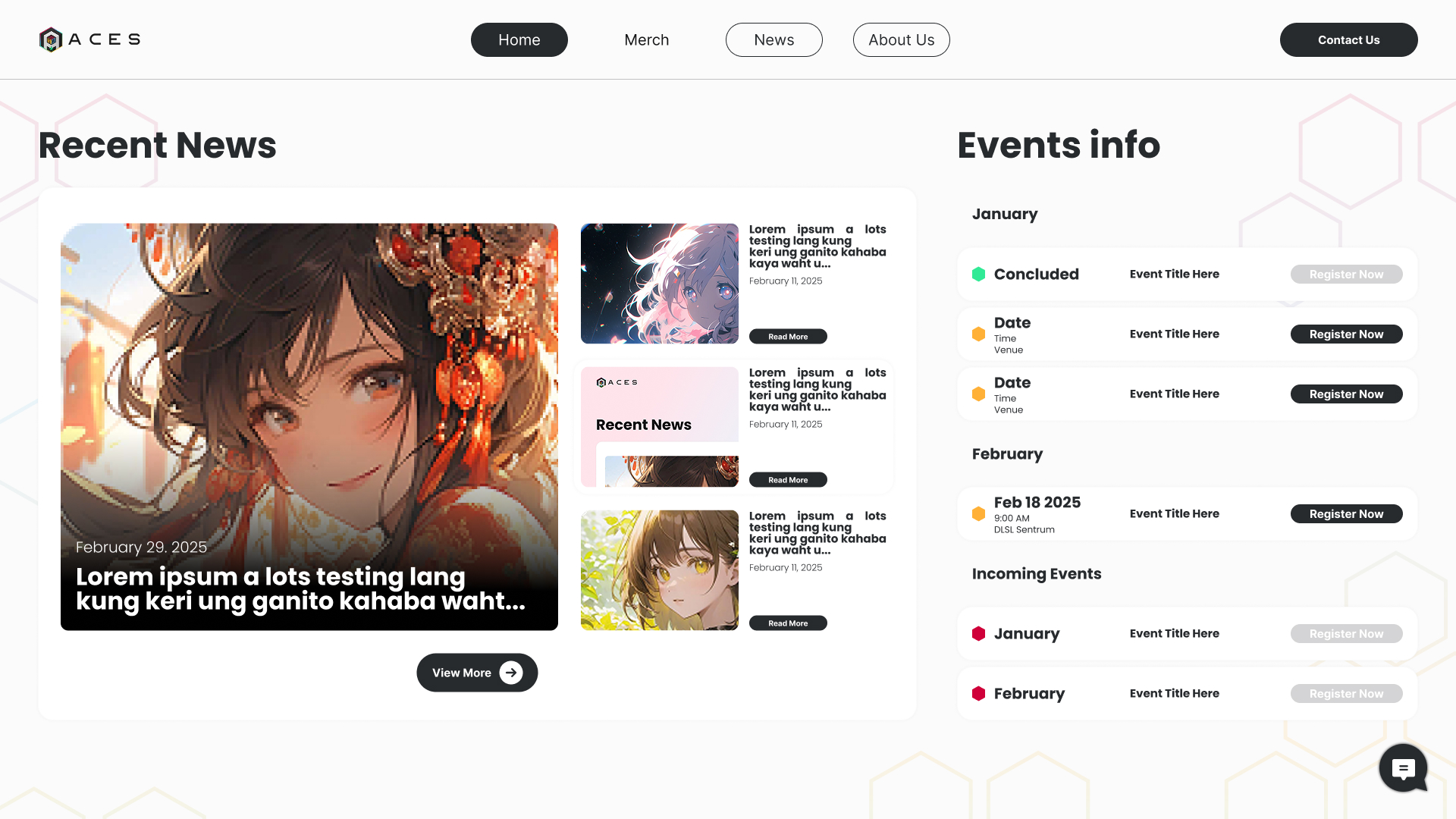 Reference prototype design showing ACES website layout with Recent News and Events info sections